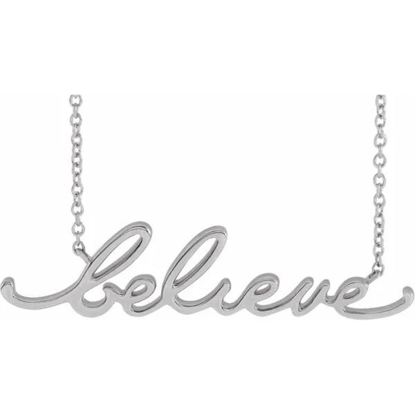 "believe" cursive script necklace