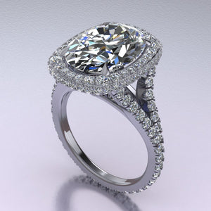 Elongated Cushion Double Edge Halo Featuring Diamond Basket and Cathedral Style Split Shank side