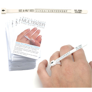 You can easily and confidentially measure your own finger size from 0-17 with accurate full, half, and quarter sizes. You can choose between the free PDF download (please provide your email address) or purchase our Multisizer Zip Tie.