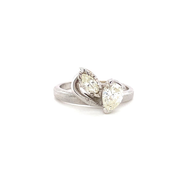 Toi et Moi Champange Pear Diamond Ring with Hand Etched Vertical Striped Band