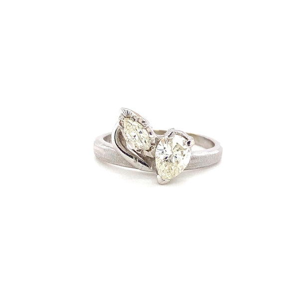 Toi et Moi Champange Pear Diamond Ring with Hand Etched Vertical Striped Band