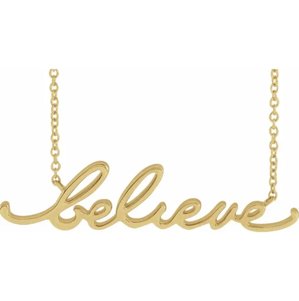 "believe" cursive script necklace