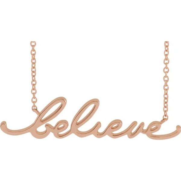 "believe" cursive script necklace