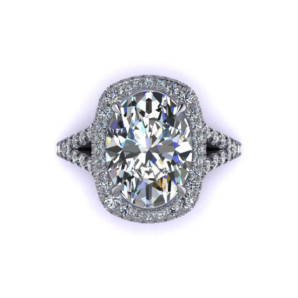 Elongated Cushion Double Edge Halo Featuring Diamond Basket and Cathedral Style Split Shank