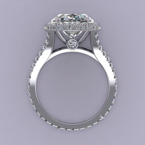 Elongated Cushion Double Edge Halo Featuring Diamond Basket and Cathedral Style Split Shank side