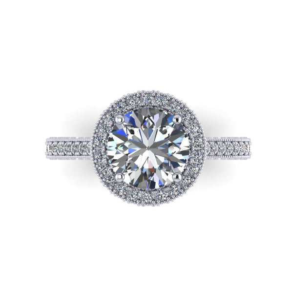 Round halo vintage style diamond bridge engagement ring setting