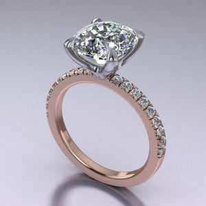 French Pave Solitaire with Accent Diamonds & Tulip Prongs Simplistic french-set pave setting with tulip basket profile.  This proportions and height of this design helps to emphasize the center stone, creating a larger overall look. Dainty but secure. Designed with tensile strength in mind while maintaining delicate and seamless look. Made with about 20-25% more metal to ensure structural integrity
