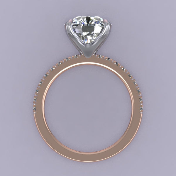 French Pave Solitaire with Accent Diamonds & Tulip Prongs Simplistic french-set pave setting with tulip basket profile.  This proportions and height of this design helps to emphasize the center stone, creating a larger overall look. Dainty but secure. Designed with tensile strength in mind while maintaining delicate and seamless look. Made with about 20-25% more metal to ensure structural integrity
