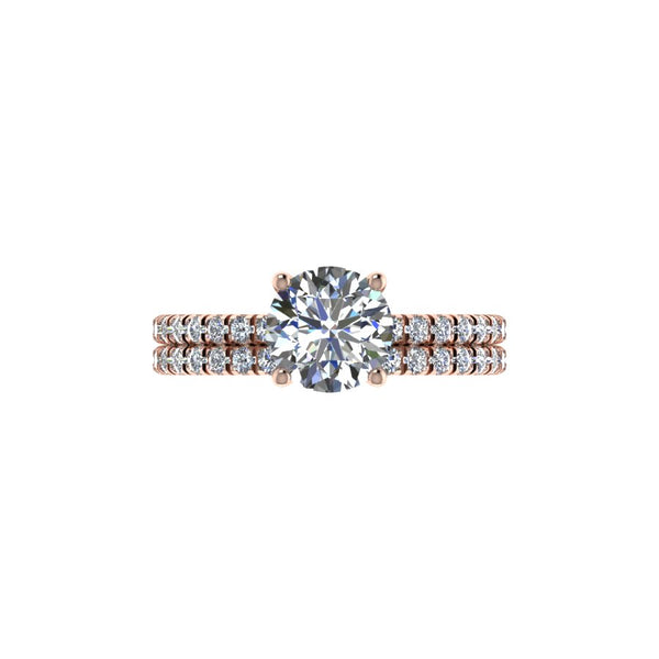 Dainty Classic Pave Bridal Set Featuring a Round Brilliant Center Diamond. This design features a Round Brilliant Center stone with a micro-prong set pave thin shank (approximately 1.6mm total width) and a matching wedding band.