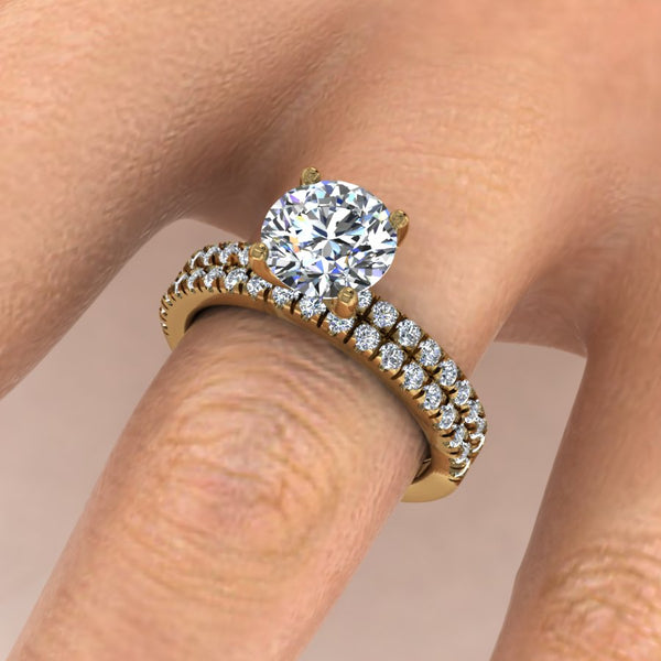Dainty Classic Pave Bridal Set Featuring a Round Brilliant Center Diamond. This design features a Round Brilliant Center stone with a micro-prong set pave thin shank (approximately 1.6mm total width) and a matching wedding band.
