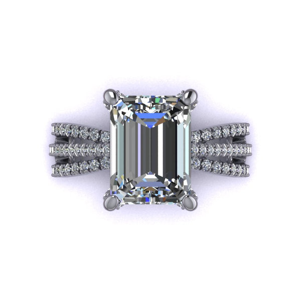 Triple Row Engagement Setting with Diamond Basket Details Tapered triple row of diamonds greatly emphasizes the prominence of the center stone Diamond basket details add a luxurious touch and perfectly cradles the center stone This design is versatile and can customized to fit any shape (oval, round, cushion, princess etc).