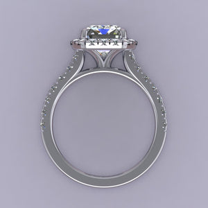 Classic Emerald Cut Halo Setting with Tulip Cathedral Profile Elegant Emerald Cut halo with a clean and modern look Cathedral profile made to sit a wedding band flush Designed with perfect proportions of from shank to halo creating a beautiful design aesthetic Designed with tensile strength in mind while maintaining delicate and seamless look. Made with about 20-25% more metal to ensure structural integrity