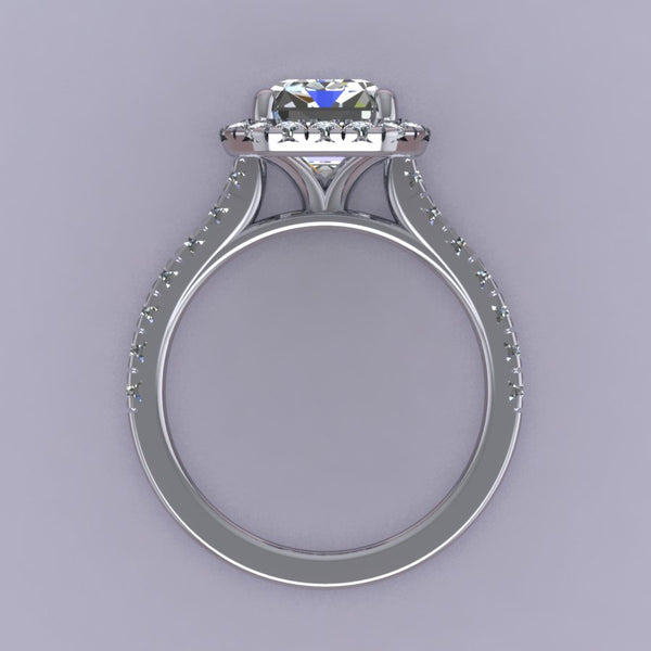 Classic Emerald Cut Halo Setting with Tulip Cathedral Profile Elegant Emerald Cut halo with a clean and modern look Cathedral profile made to sit a wedding band flush Designed with perfect proportions of from shank to halo creating a beautiful design aesthetic Designed with tensile strength in mind while maintaining delicate and seamless look. Made with about 20-25% more metal to ensure structural integrity