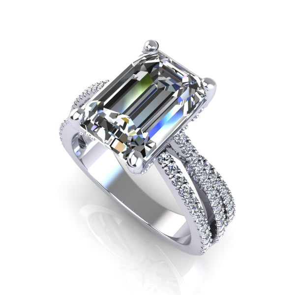 Tapered triple row of diamonds greatly emphasizes the prominence of the center stone Diamond basket details add a luxurious touch and perfectly cradles the center stone This design is versatile and can customized to fit any shape (oval, round, cushion, princess etc).