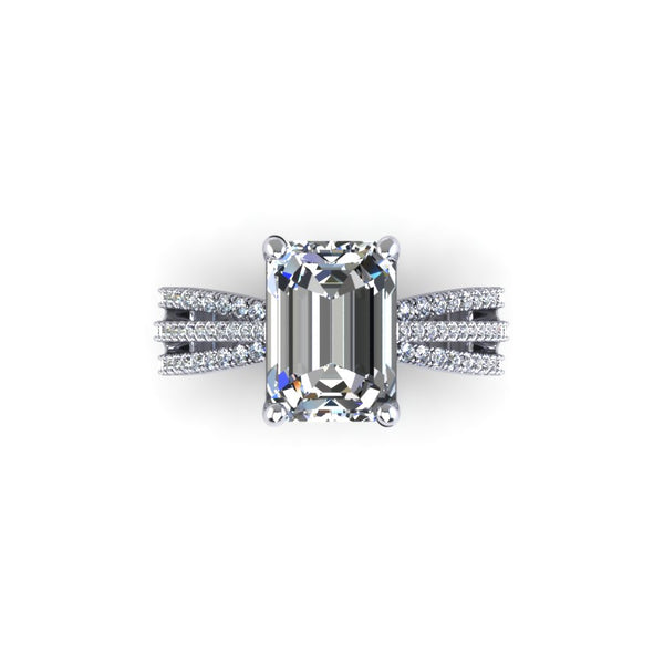 Tapered triple row of diamonds greatly emphasizes the prominence of the center stone Diamond basket details add a luxurious touch and perfectly cradles the center stone This design is versatile and can customized to fit any shape (oval, round, cushion, princess etc).
