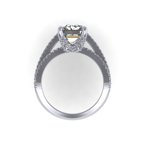 Tapered triple row of diamonds greatly emphasizes the prominence of the center stone Diamond basket details add a luxurious touch and perfectly cradles the center stone This design is versatile and can customized to fit any shape (oval, round, cushion, princess etc).