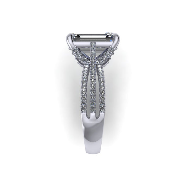 Tapered triple row of diamonds greatly emphasizes the prominence of the center stone Diamond basket details add a luxurious touch and perfectly cradles the center stone This design is versatile and can customized to fit any shape (oval, round, cushion, princess etc).