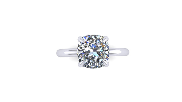 Cushion-Cut Center Stone with Diamond Hidden Halo Engagement Setting  This ring features a square cushion brilliant center stone set in an all-around comfort fit rounded solitaire shank with a diamond basket that elegantly cradles the center stone.