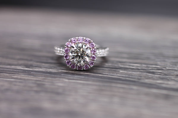 Natural Pink Sapphire and Diamond Halo Three Stone Ring, 14k